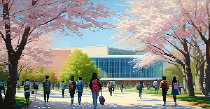 A university campus with modern buildings and blooming cherry blossom trees, students walking in the sunlight.