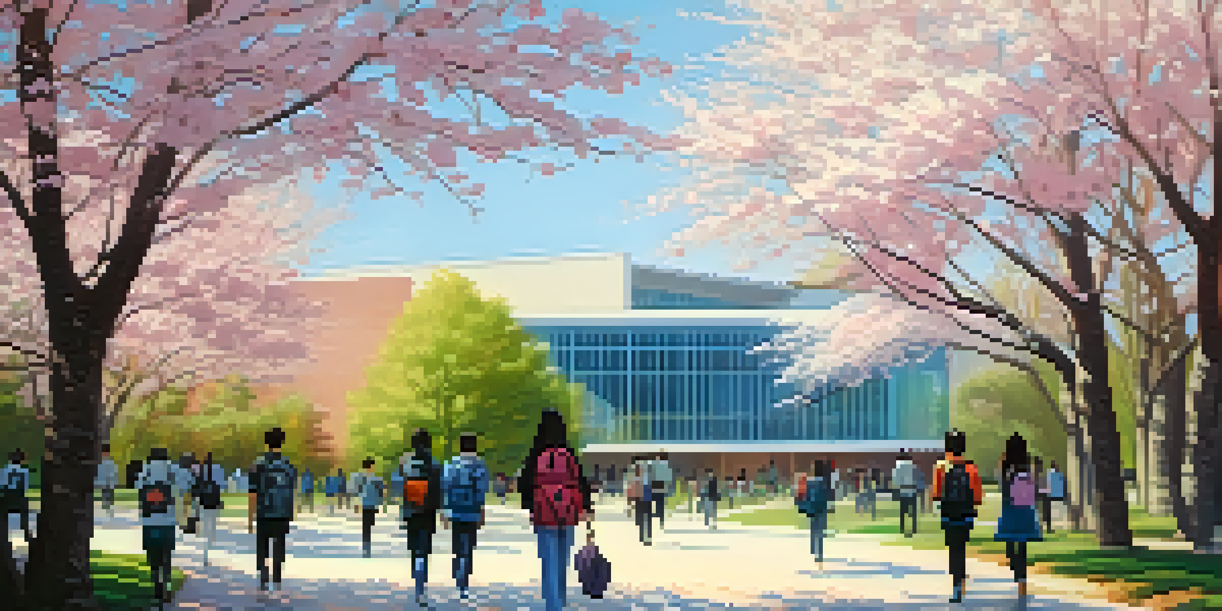 A university campus with modern buildings and blooming cherry blossom trees, students walking in the sunlight.