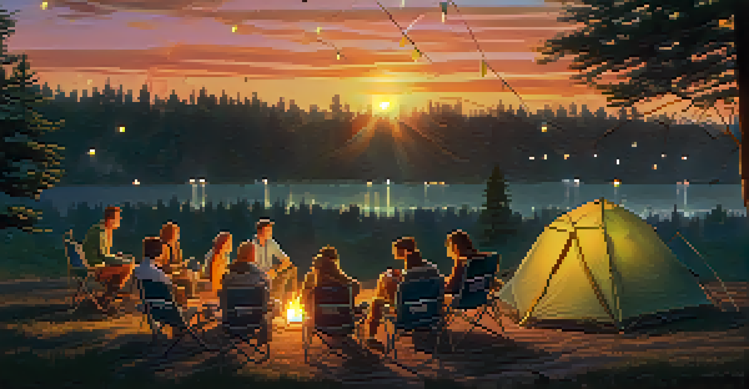 Friends relaxing around a tent at a music festival campsite during sunset, with soft lighting and a beautiful atmosphere.