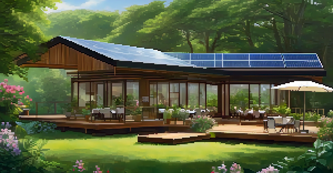 An eco-friendly hotel with solar panels surrounded by greenery and flowers, with guests enjoying coffee on a wooden deck.