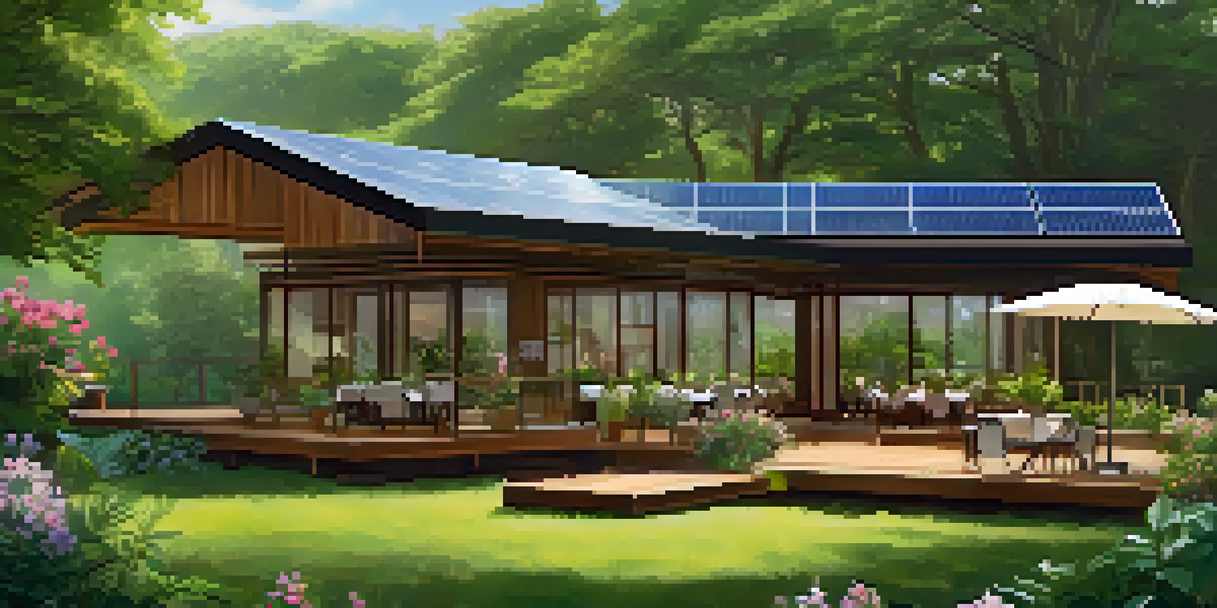 An eco-friendly hotel with solar panels surrounded by greenery and flowers, with guests enjoying coffee on a wooden deck.