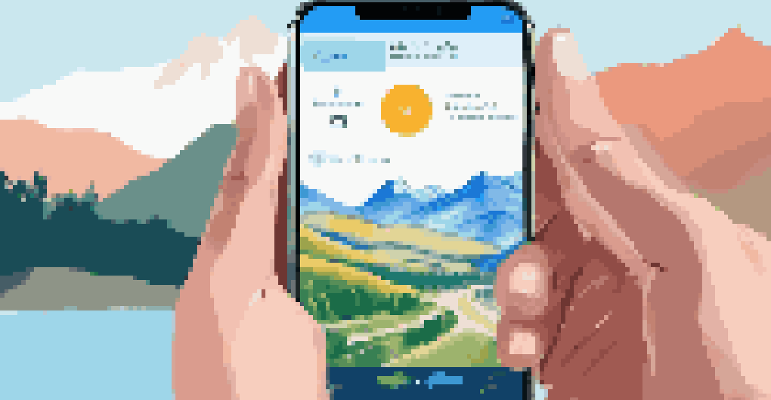 A close-up of a smartphone in a hand displaying a smart assistant interface, with mountains and a clear sky in the background.