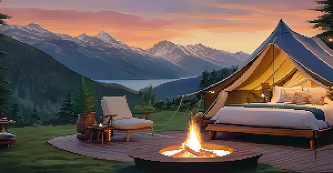 A beautiful glamping tent with a king-size bed in a scenic outdoor setting, surrounded by nature and illuminated by sunset light.