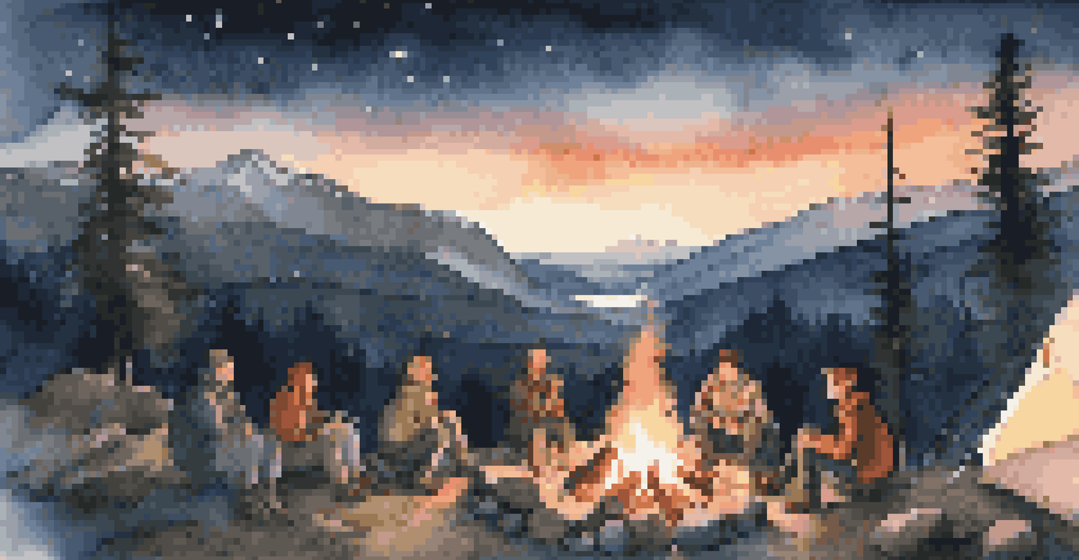 Travelers around a campfire at night, with a starry sky and mountains in the background, creating a cozy atmosphere.