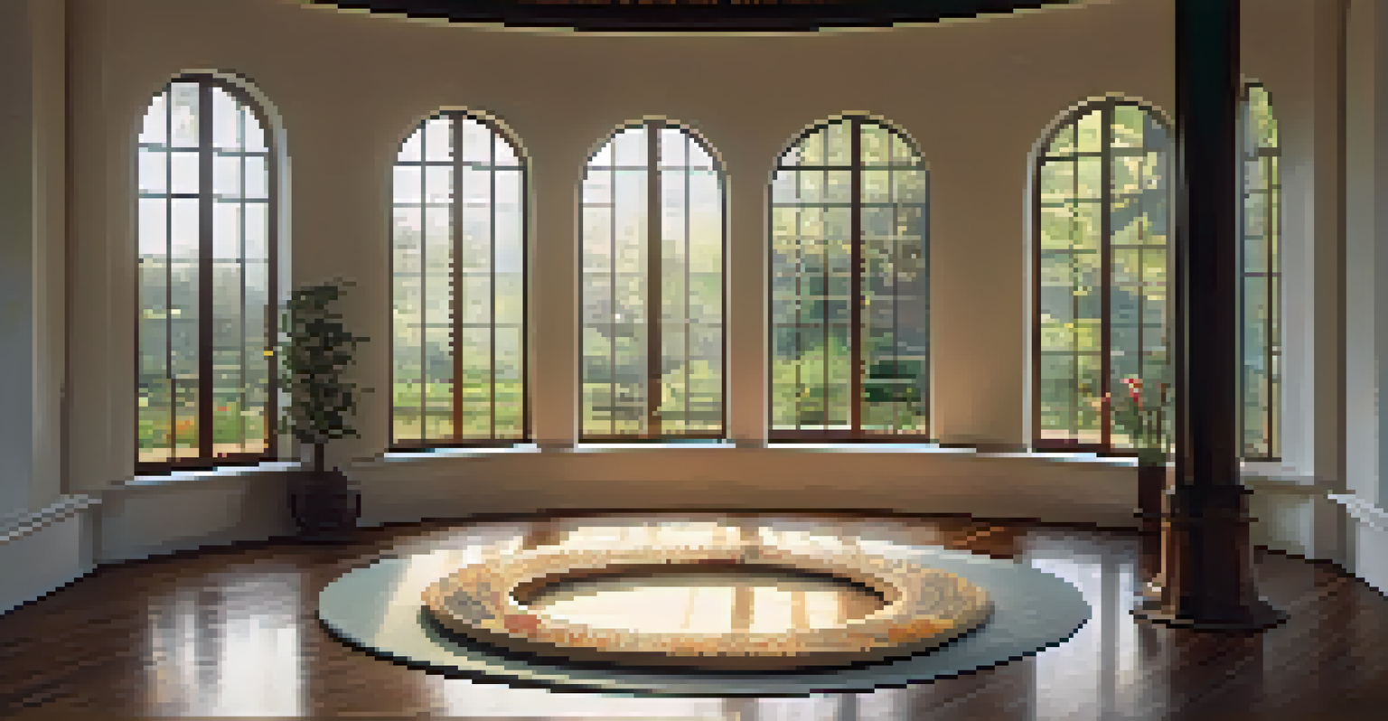 An indoor meditation room with cushions arranged in a circle and large windows showing a garden outside, creating a peaceful ambiance.
