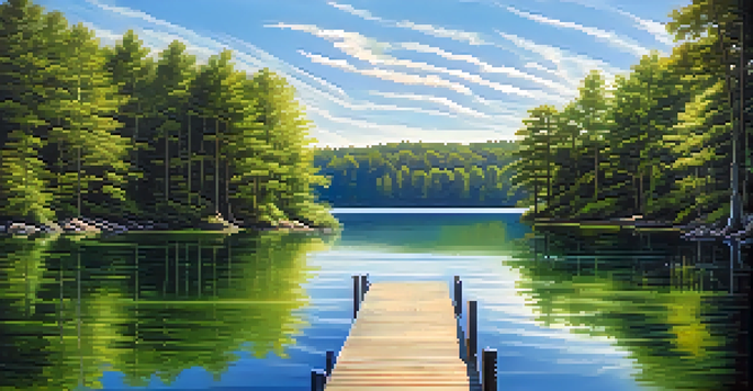A peaceful lake scene with a wooden dock, surrounded by green trees and a clear sky.