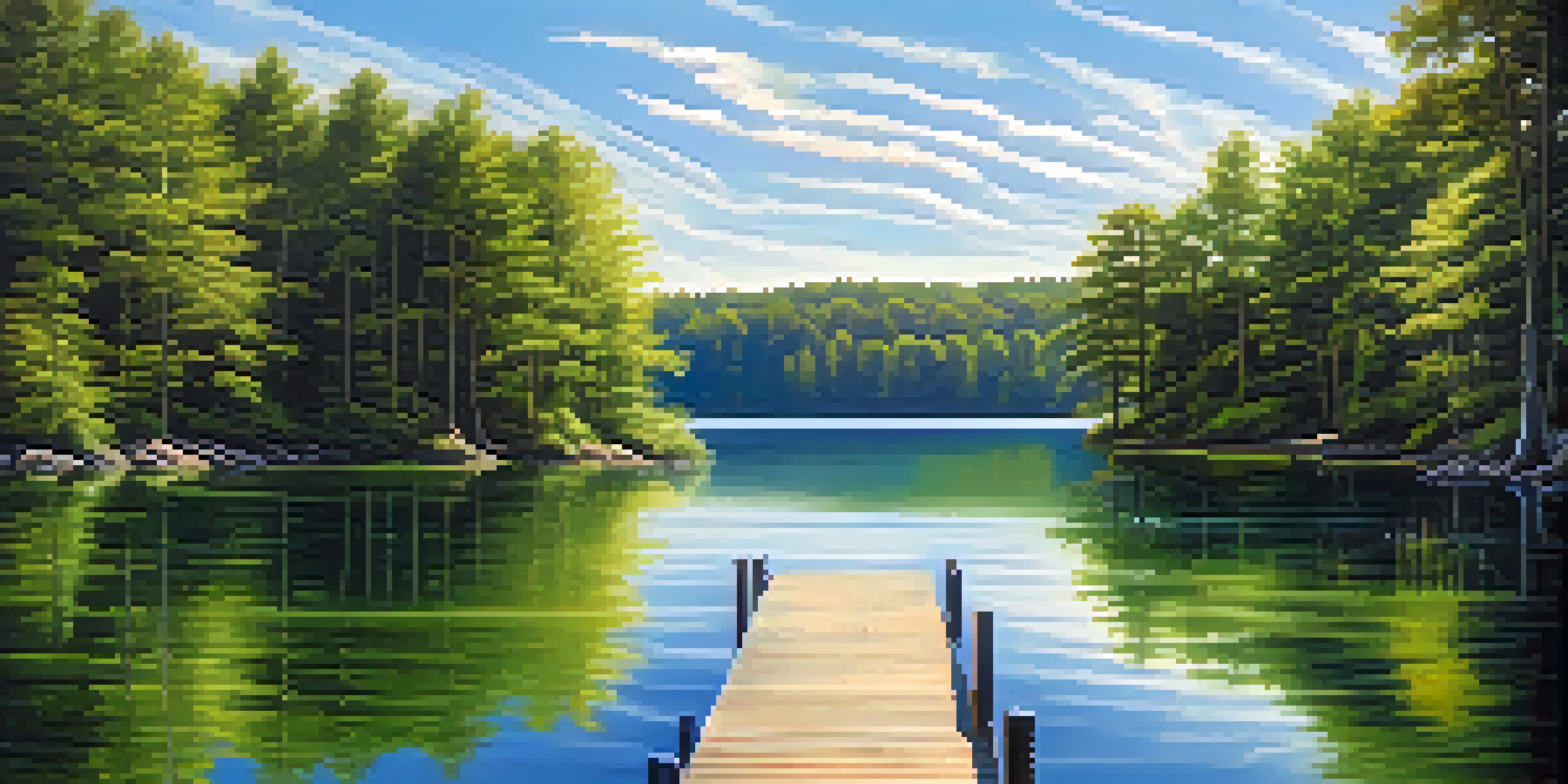 A peaceful lake scene with a wooden dock, surrounded by green trees and a clear sky.