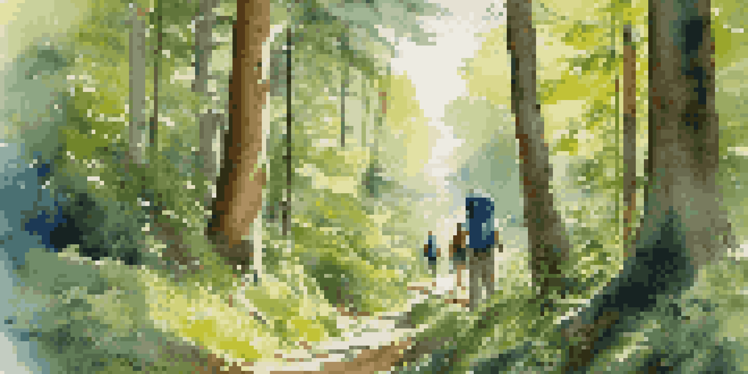 A group of eco-conscious travelers hiking in a lush forest with sunlight filtering through the trees.