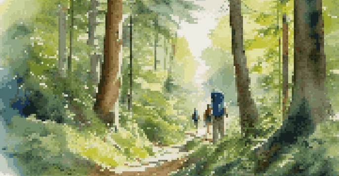 A group of eco-conscious travelers hiking in a lush forest with sunlight filtering through the trees.