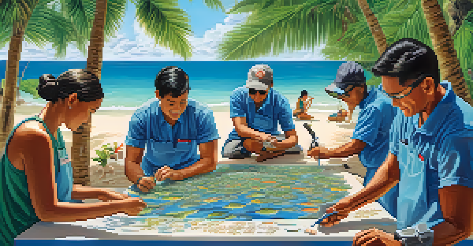 Volunteers and locals collaborating in a workshop for coral reef restoration, with a blue ocean and palm trees in the background.