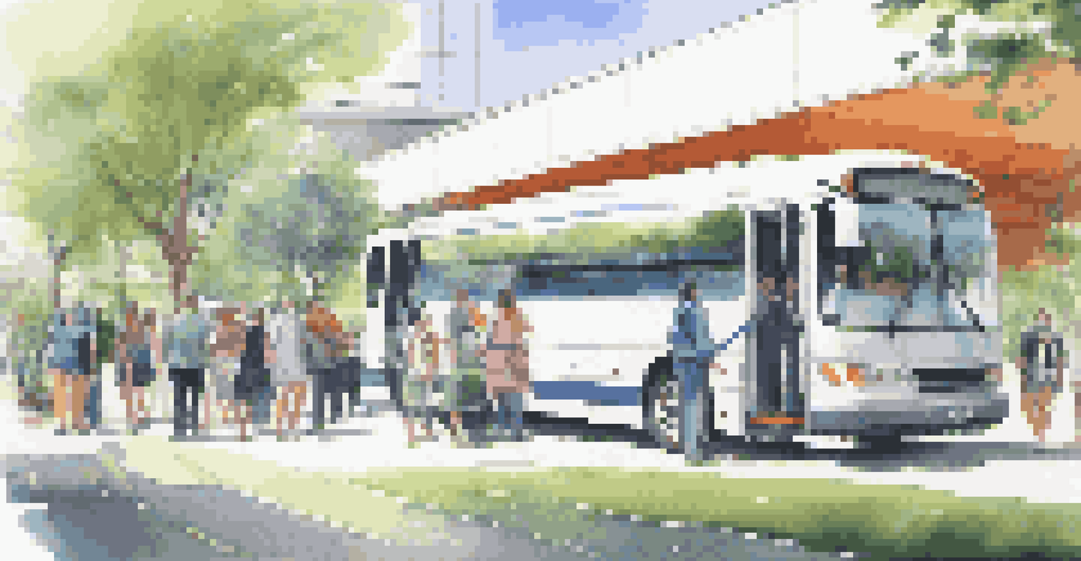 A modern shuttle bus outside a conference venue with attendees boarding.