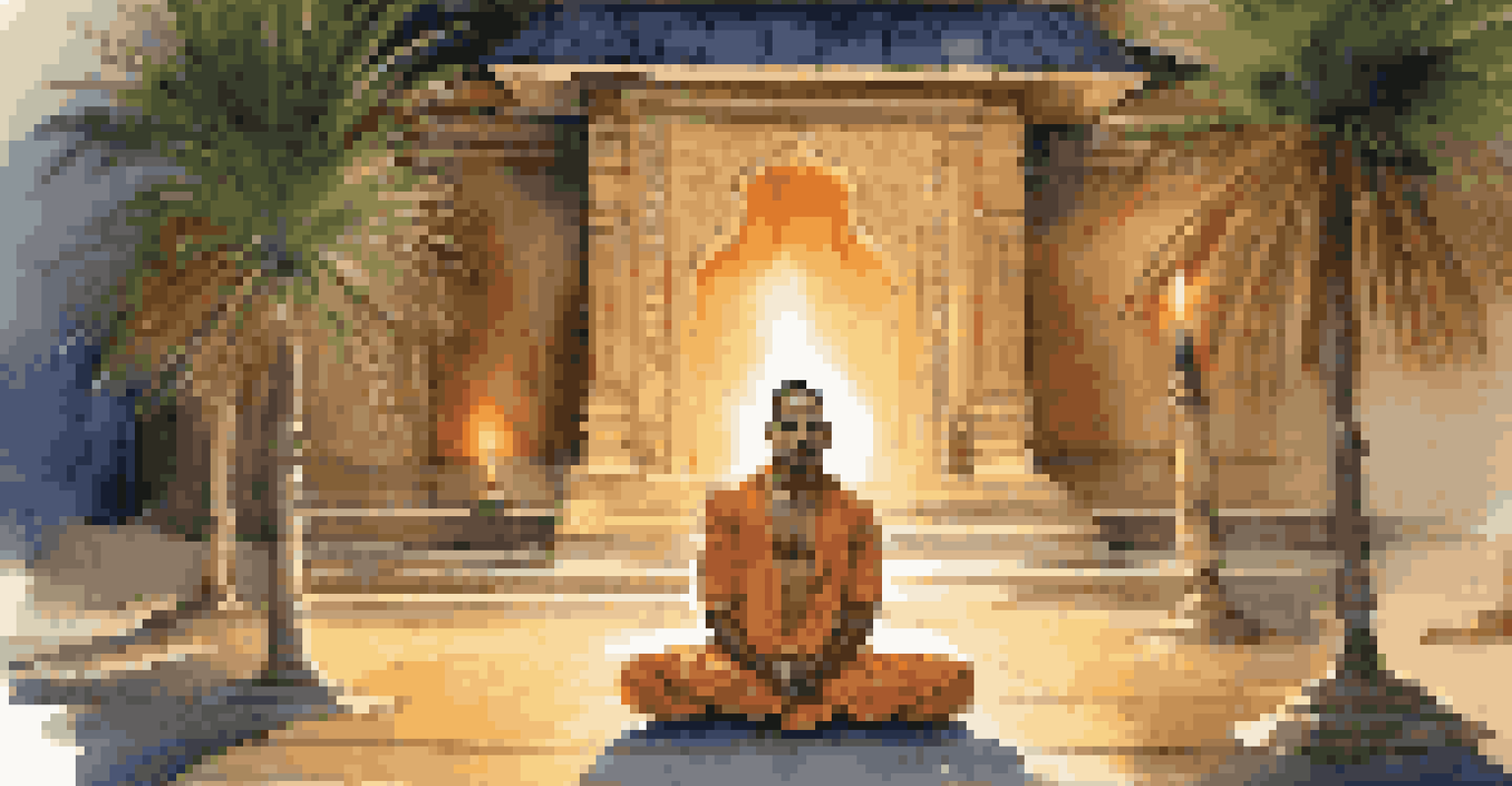 A devotee meditating peacefully in a candle-lit temple courtyard during Maha Shivaratri, surrounded by incense smoke.