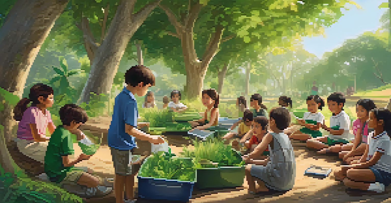 Children learning about recycling and environmental conservation from a volunteer in a green outdoor setting, filled with enthusiasm and engagement.