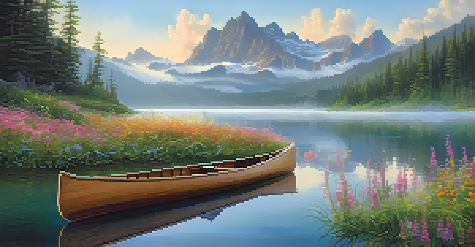 A stunning view of a hidden mountain lake at sunrise, with mist on the water and wildflowers in the foreground.
