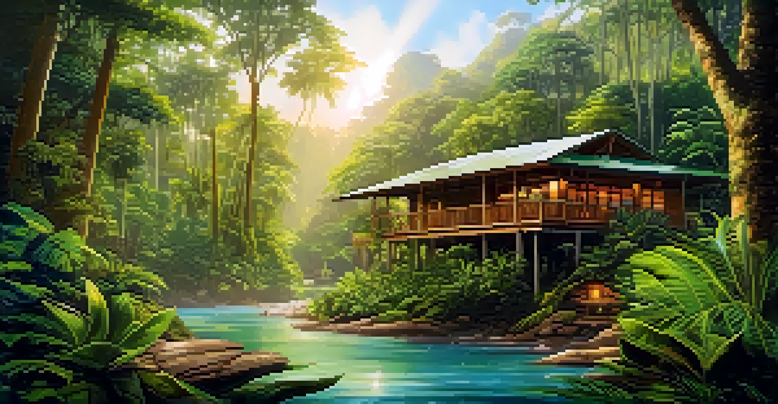 An eco-friendly lodge in a rainforest, surrounded by colorful birds and a flowing stream, with sunlight filtering through the trees.