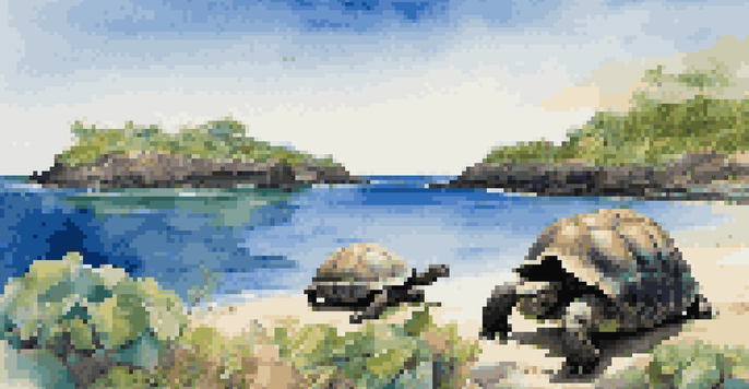 A scenic view of the Galápagos Islands featuring giant tortoises on the shore with blue waters and green vegetation.