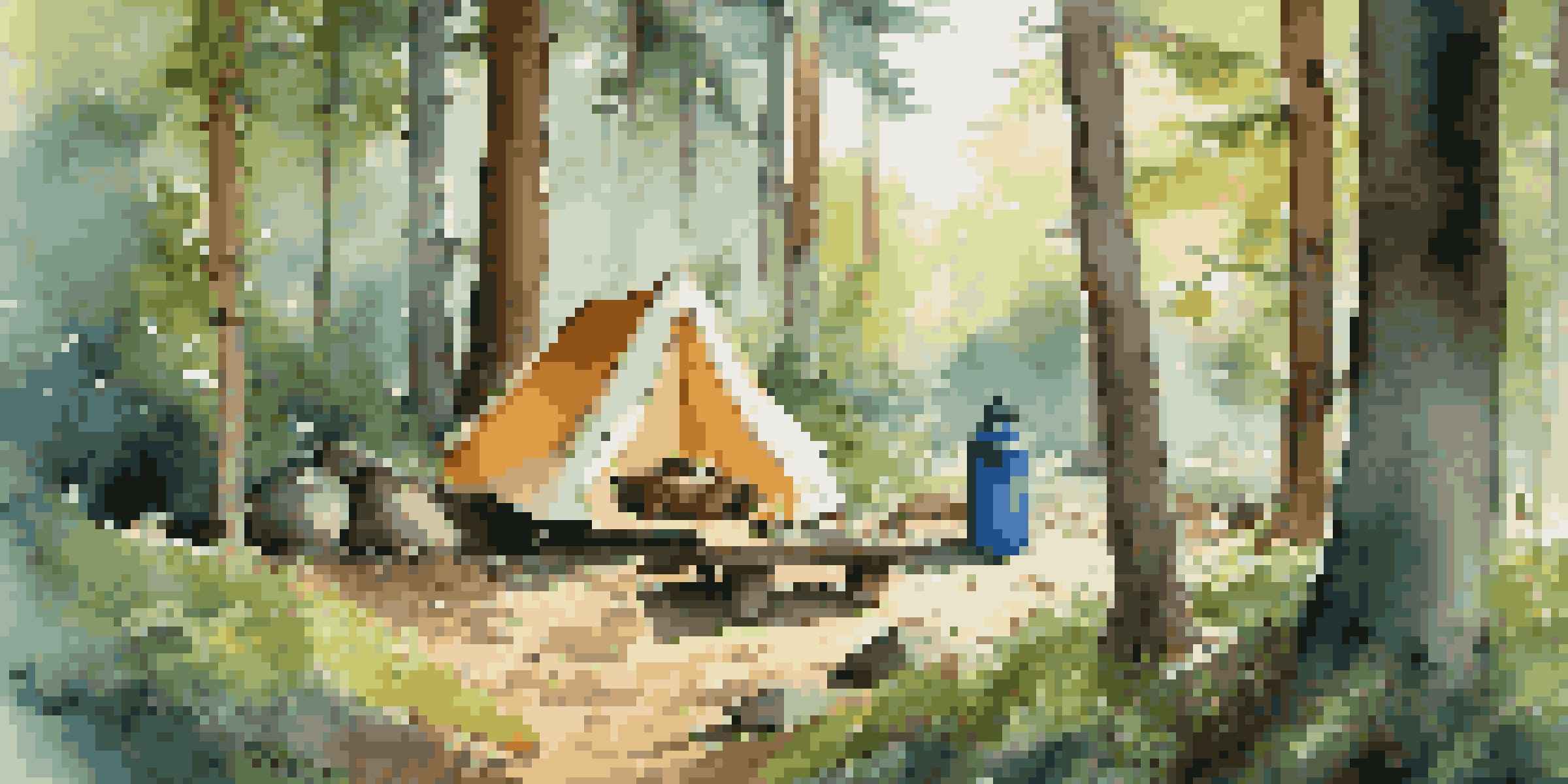 A peaceful camping scene in a forest with a sustainable tent, campfire, and eco-friendly gear under a blue sky.