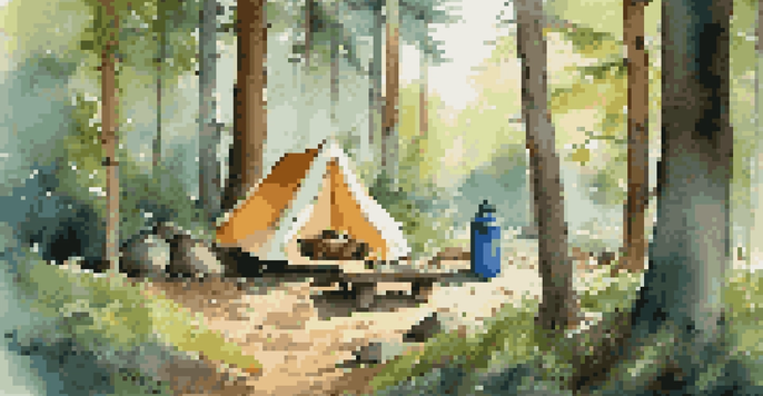 A peaceful camping scene in a forest with a sustainable tent, campfire, and eco-friendly gear under a blue sky.