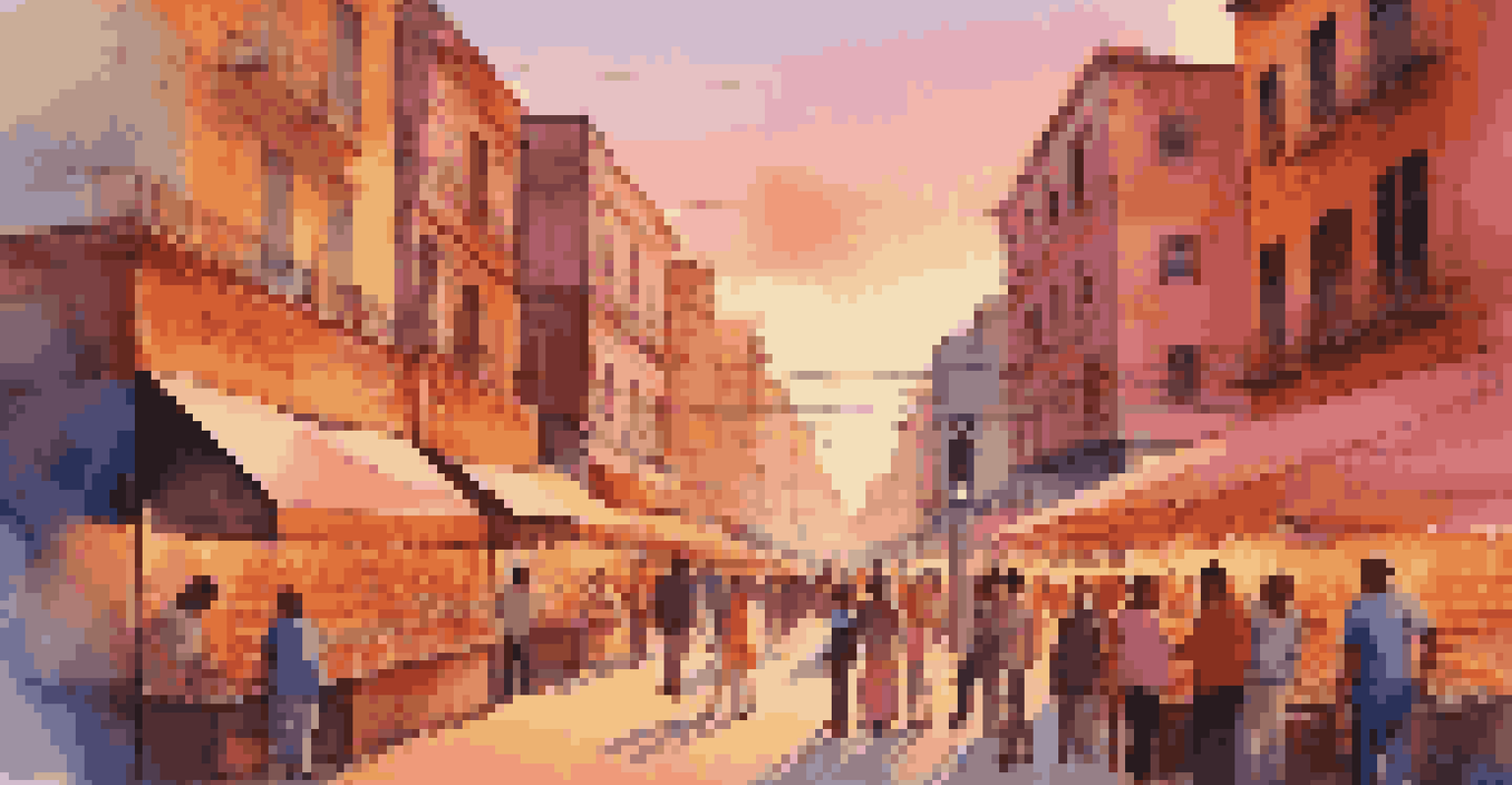A lively city street at sunset with people using smartphones, colorful shops, and street vendors.
