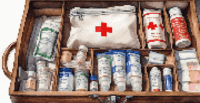 An organized travel first aid kit with various medical supplies arranged neatly on a wooden table.