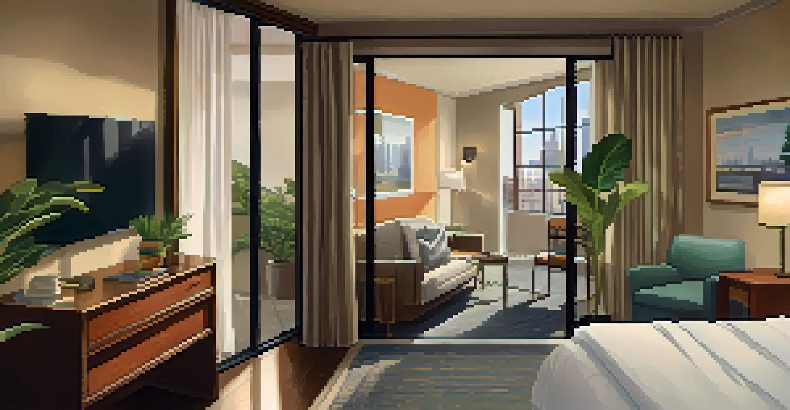 A cozy accessible hotel room with wide doorways, roll-in shower, and grab bars, warmly lit with a view of the city.
