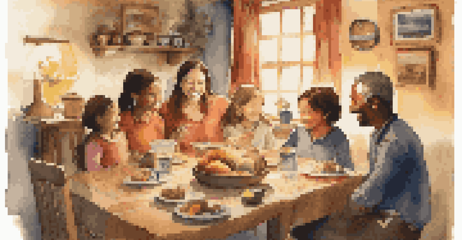 A family sharing travel stories around a table with a globe in the background.
