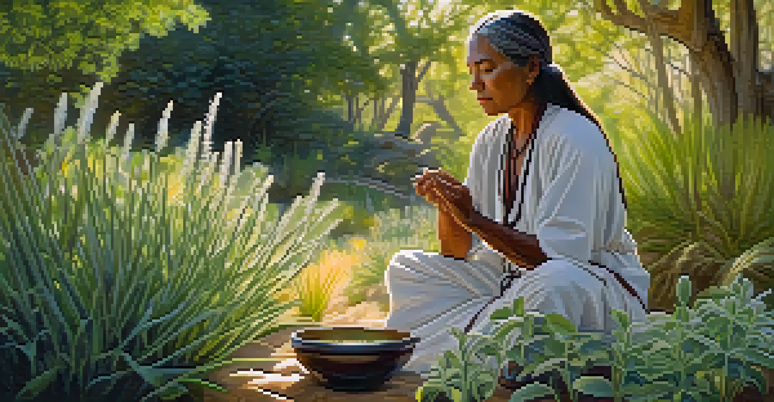 An Indigenous healer in a garden preparing herbal remedies with sage, sweetgrass, and cedar, bathed in warm sunlight.