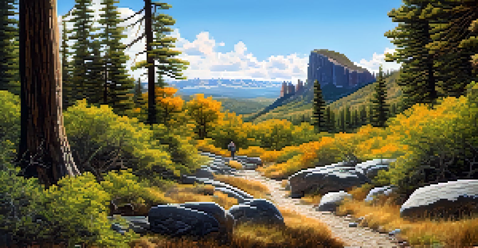 A solitary hiker on a trail in a national park, with trees and mountains in the background under a clear blue sky.