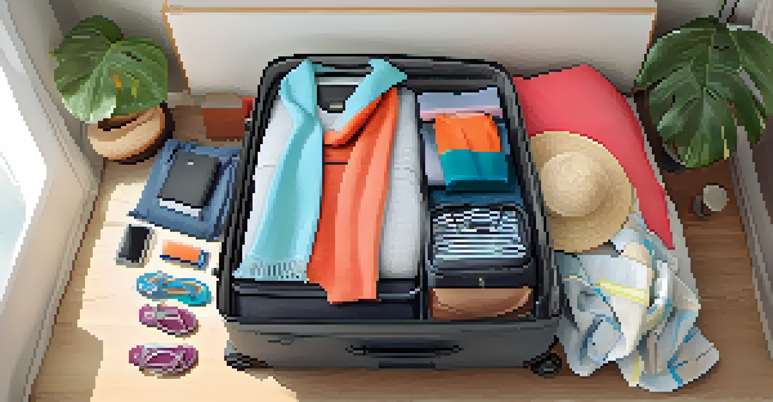 An open suitcase on a bed with rolled clothes and travel accessories, illuminated by natural light.