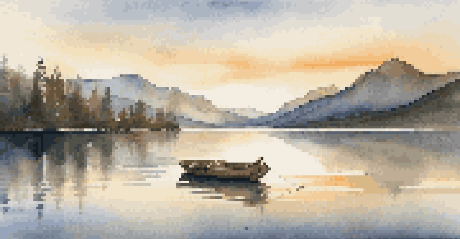 A tranquil lake with mountains in the background, illuminated by golden hour light.