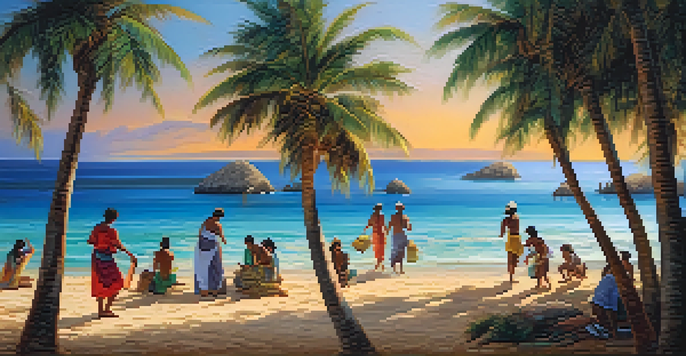 A serene beach at sunset with travelers engaged in a traditional dance, surrounded by palm trees and local artisans selling crafts.