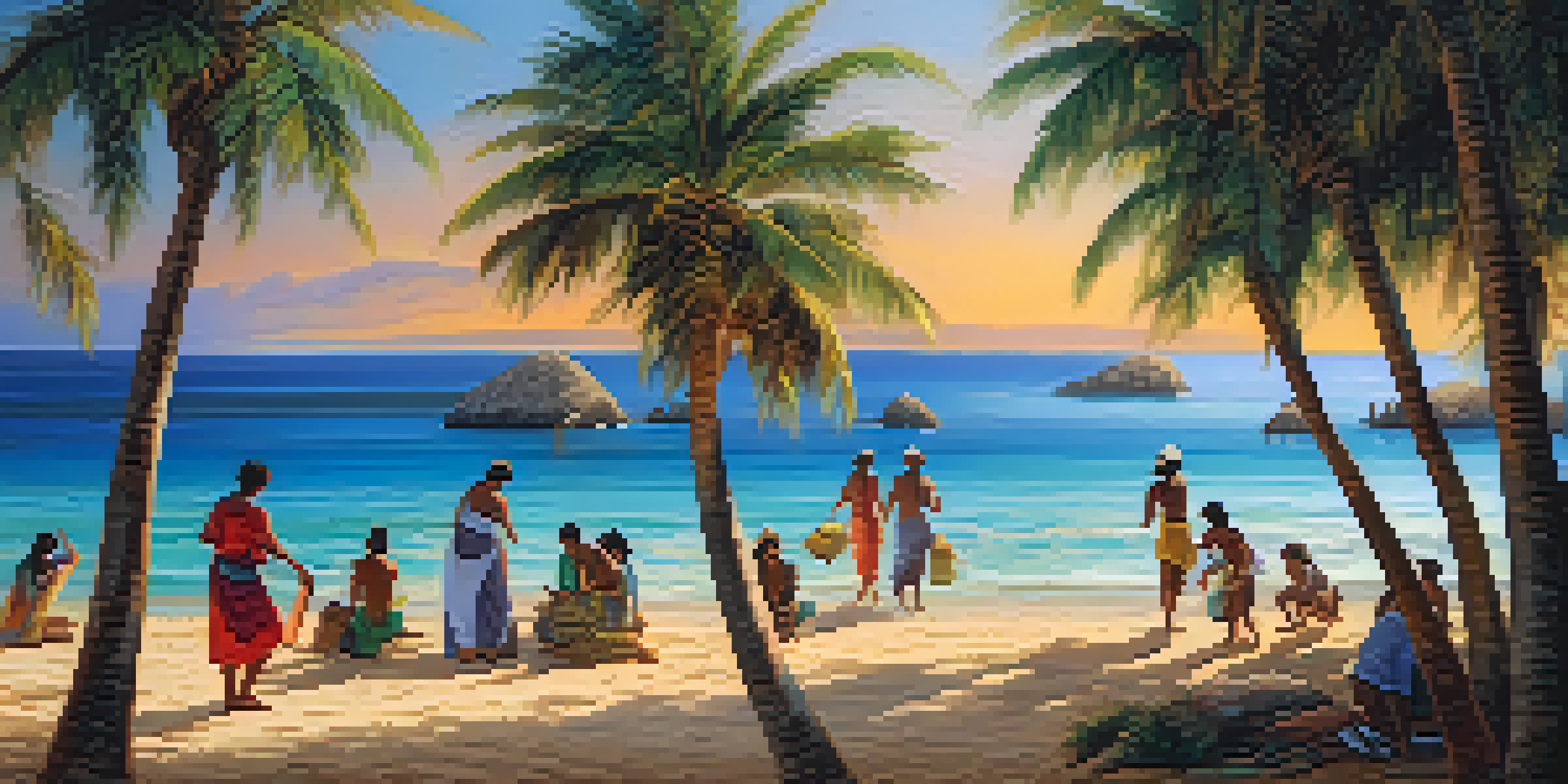 A serene beach at sunset with travelers engaged in a traditional dance, surrounded by palm trees and local artisans selling crafts.