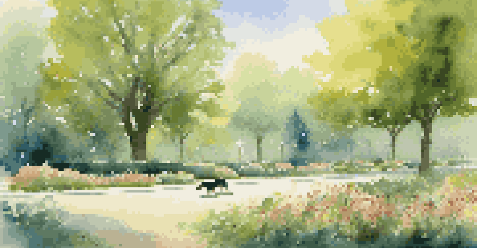 A dog happily exploring a sunny park with green trees and a blue sky, while its owner watches nearby.