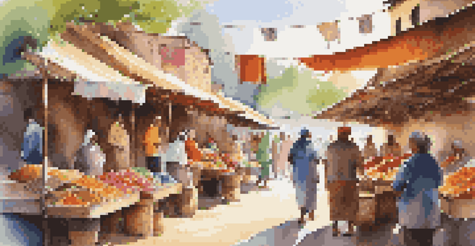 A bustling local market with artisans displaying colorful handcrafted goods and smiling shoppers in a sunny environment.