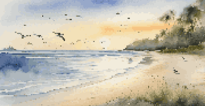 A beach at sunrise with a pristine shoreline contrasted by scattered litter, seagulls flying above, and tropical vegetation in the background.