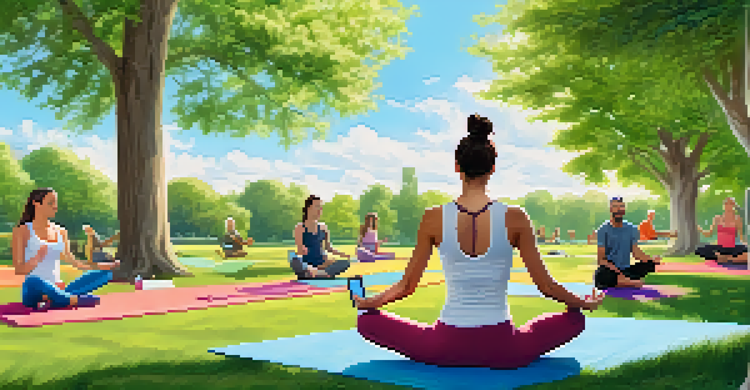 A digital nomad practicing yoga outdoors in a park, surrounded by greenery and people engaging in various fitness activities.
