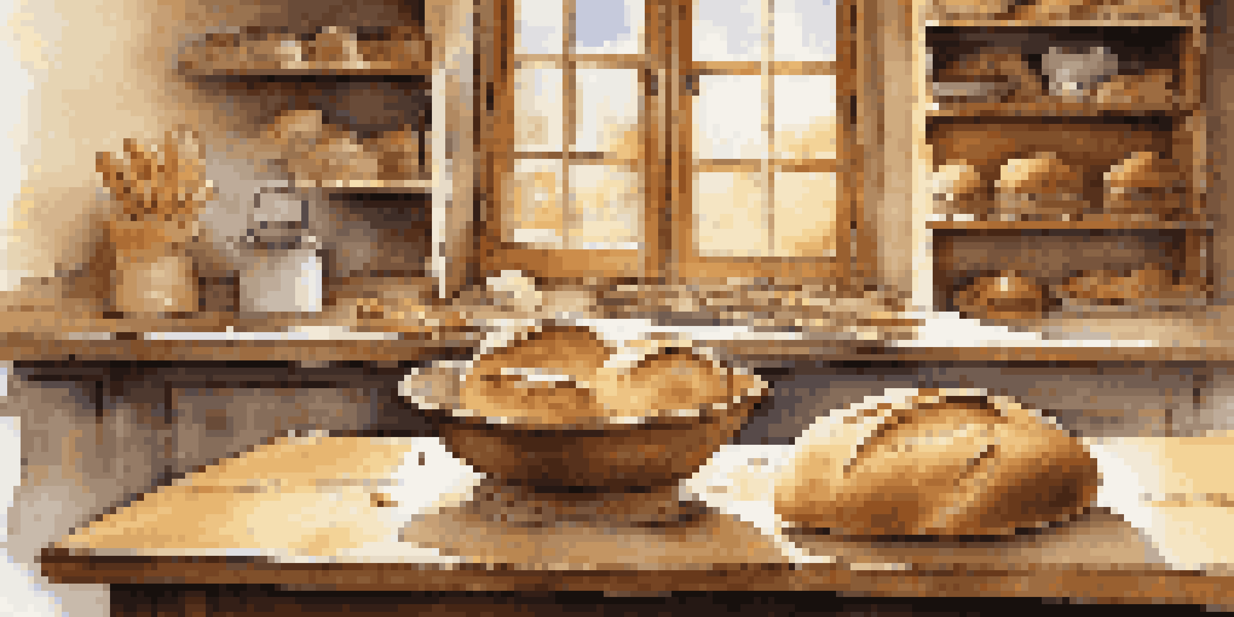 A rustic kitchen with freshly baked breads on a wooden table, flour scattered around, and natural light coming through a window.