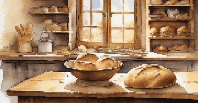 A rustic kitchen with freshly baked breads on a wooden table, flour scattered around, and natural light coming through a window.