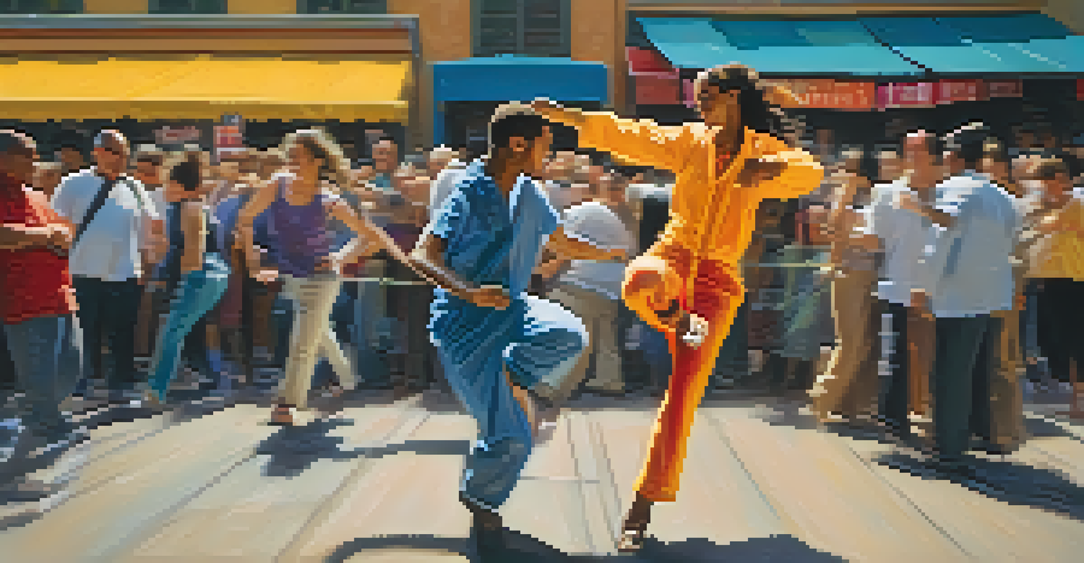 A street performer captured in motion during a lively market scene, with a blurred audience in the background.