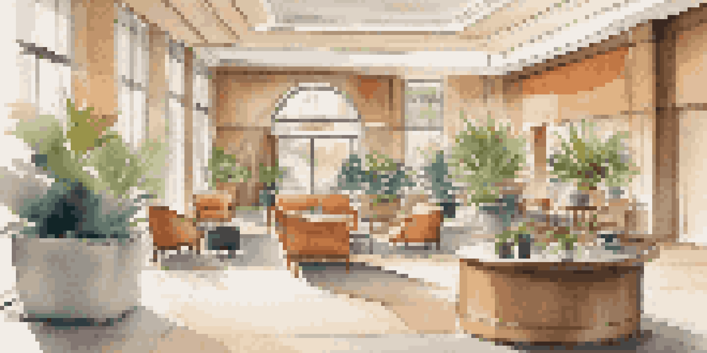 A bright hotel lobby with elegant furniture, potted plants, and a visible sanitation station, showing travelers checking in while prioritizing hygiene.