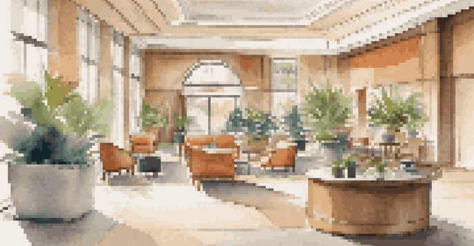 A bright hotel lobby with elegant furniture, potted plants, and a visible sanitation station, showing travelers checking in while prioritizing hygiene.