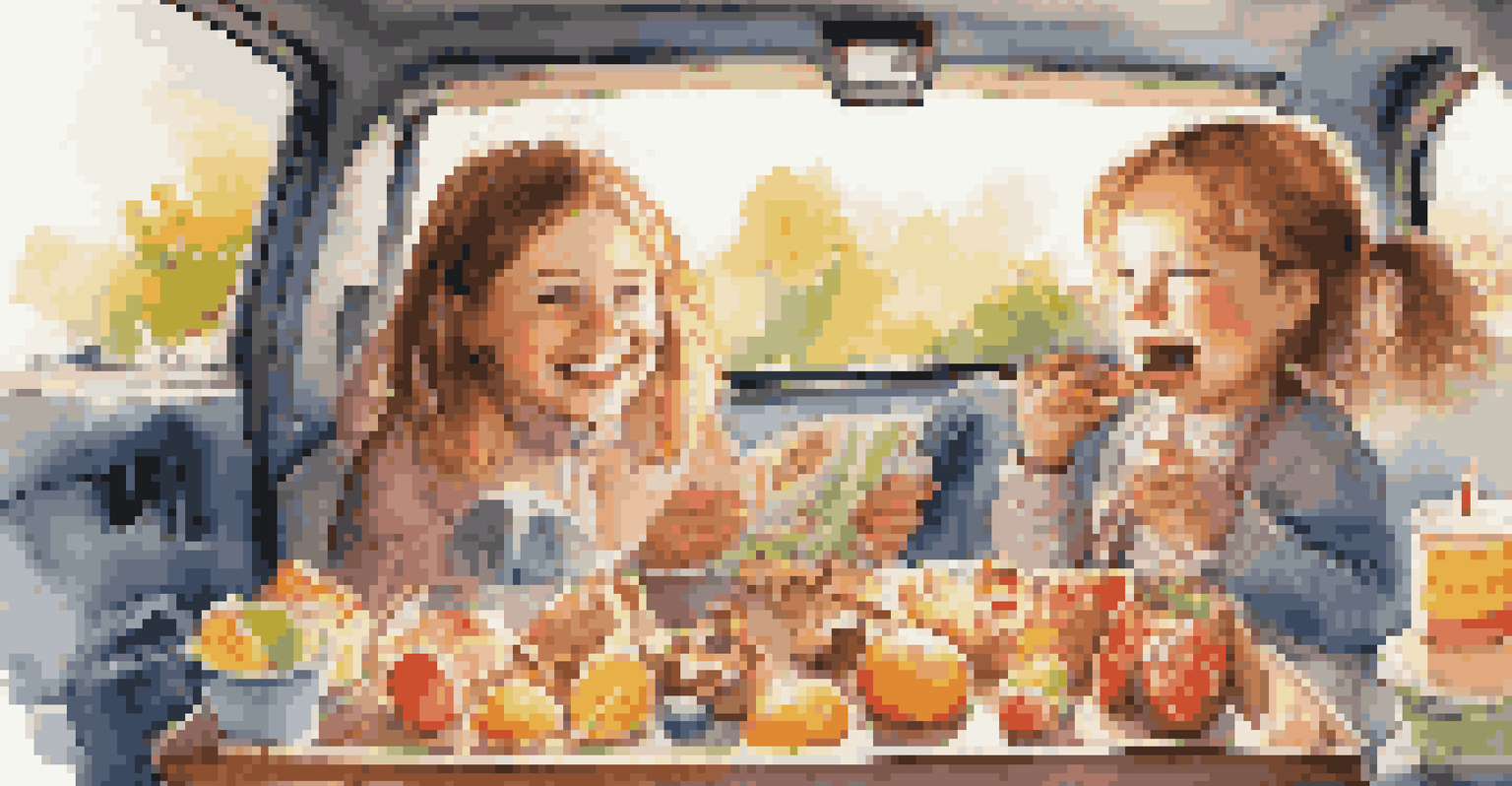 Kids in comfortable clothing inside a car, enjoying healthy snacks with travel games and toys around them, illuminated by sunlight.