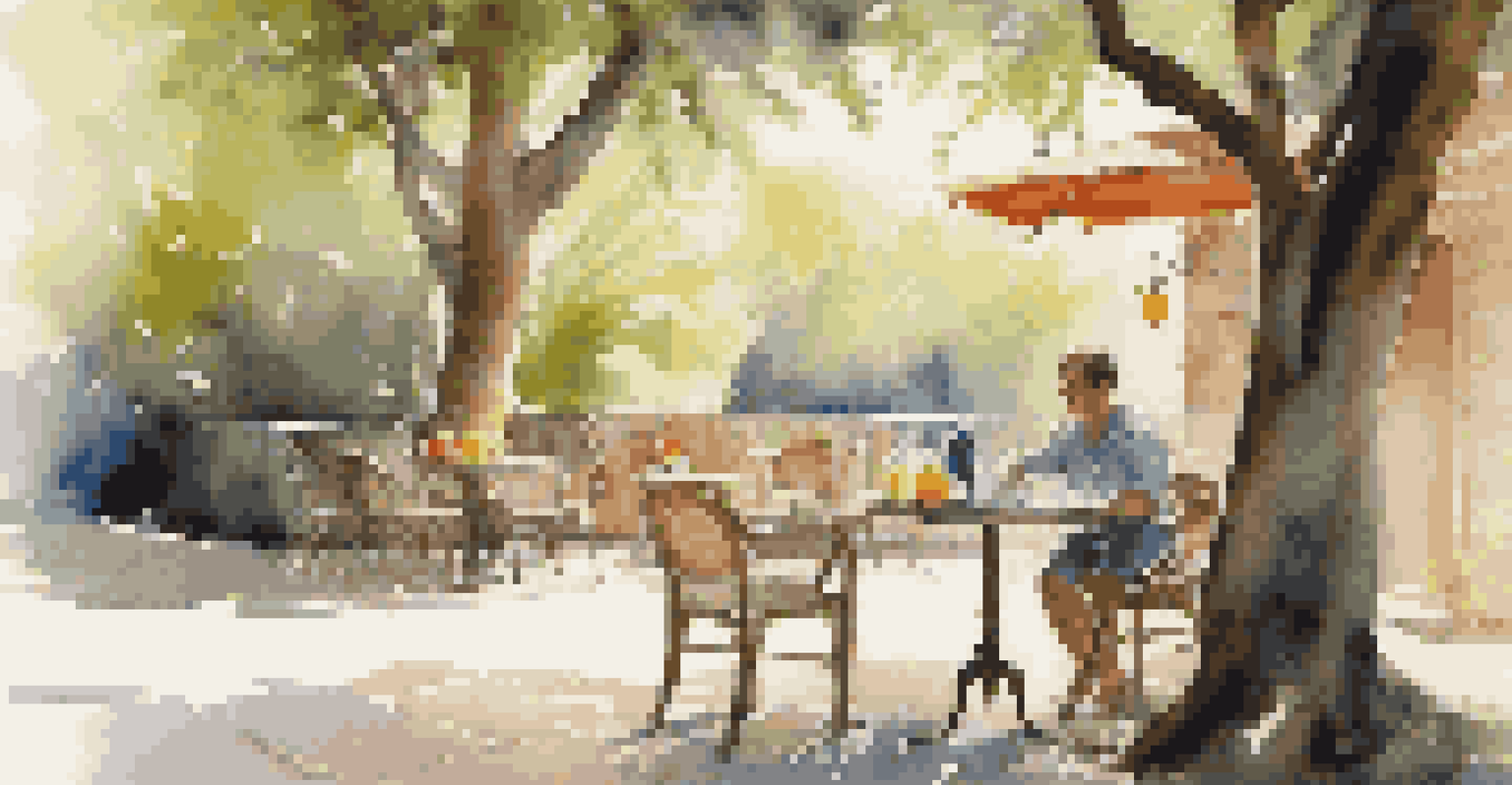 A traveler sitting at an outdoor café enjoying a drink with a sealed bottle of water and peeled fresh fruits on the table.