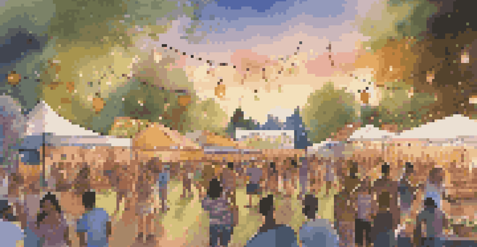 A summer music festival with people dancing, colorful lights, and food vendors in a park.