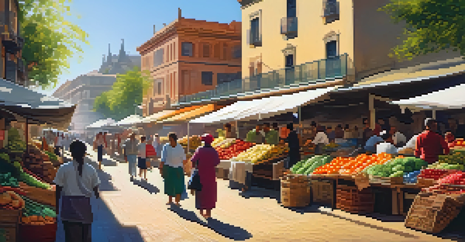 A busy street market with colorful stalls of fruits and vegetables, filled with people and warm sunlight.