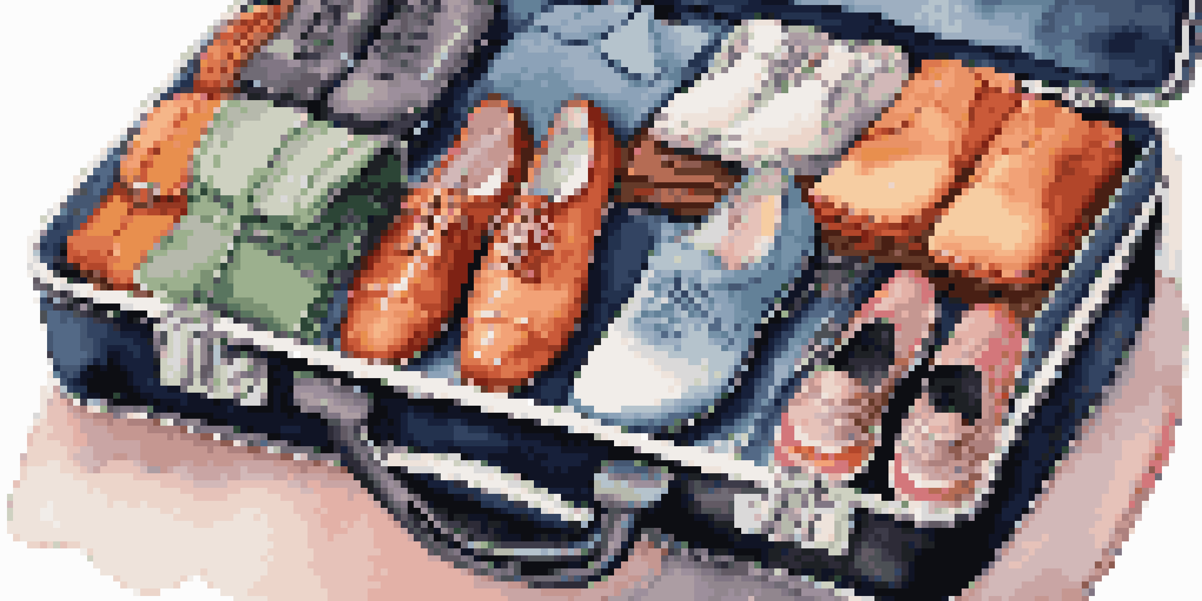 A suitcase filled with organized shoes and colorful packing cubes, highlighting different types of footwear.