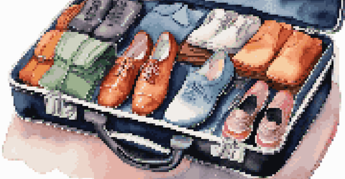 A suitcase filled with organized shoes and colorful packing cubes, highlighting different types of footwear.