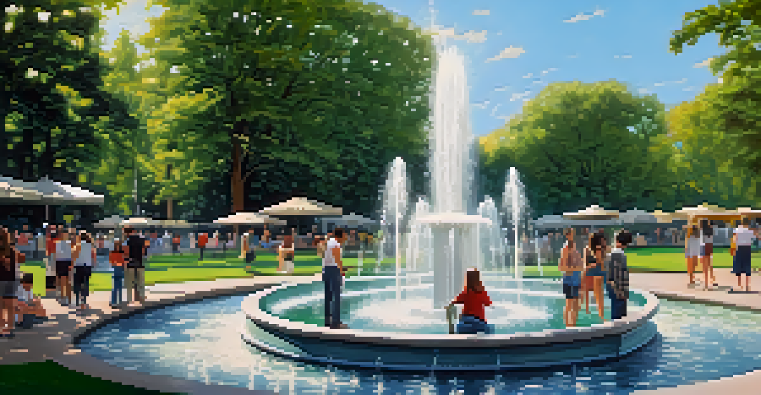 A beautiful fountain in a park surrounded by trees, with people enjoying their time.