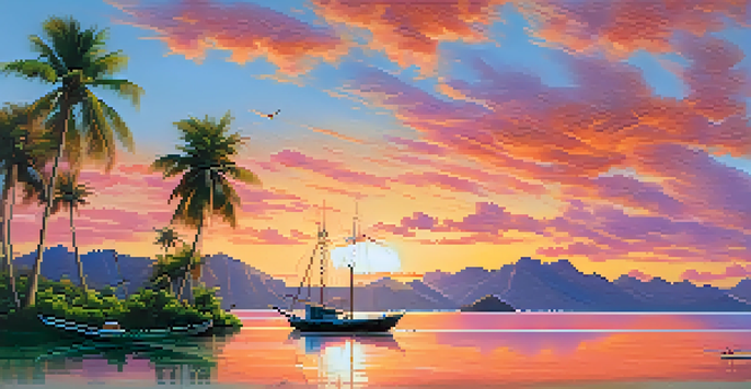 A beautiful sunset over a remote island with palm trees and fishing boats in the foreground.