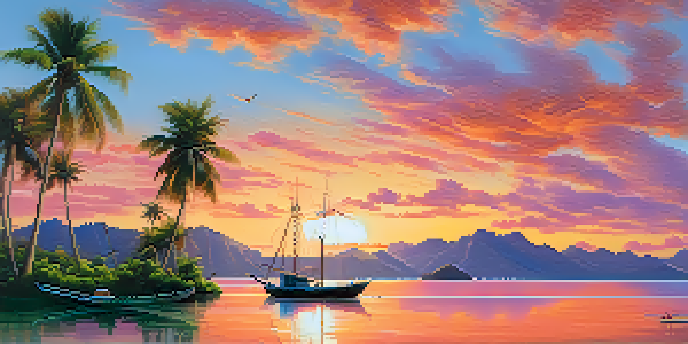 A beautiful sunset over a remote island with palm trees and fishing boats in the foreground.